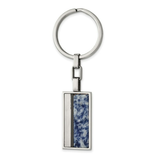 Stainless Steel Brushed and Polished Black IP with Blue Spot Stone Key Ring 